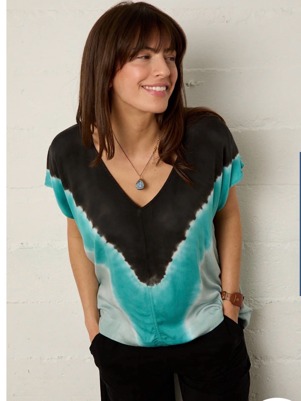 NWT River and Sky Downtown V-Neck Tie-Dye Short Sleeve Top in Black and Teal XS